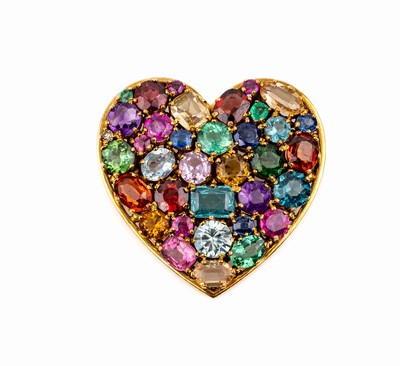 18 kt Gold Farbstein-Herzbrosche, GG 750/000, Farbsteine zus. ca. 15.0 ct darunter:Rubin, Saphir, Smaragd, Zirkon, Granat, Turmalin, Amethyst, ...