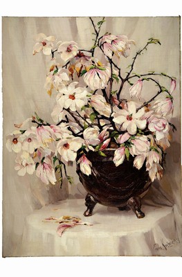 Erwin Kröner, 1889-1963 Düsseldorf, Studium an der Akademie Düsseldorf, unternahm zahlreiche Studienreisen, hier: Stillleben mit Magnolien, ...