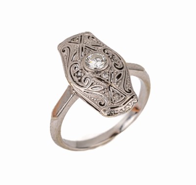 18 kt Gold Art-Deco-Diamant-Ring, WG 750/000, um 1925, Durchbrucharbeit, Altschliffdiamant ca. 0.24 ct Weiß/vs, RW 53, ca. 4.0 g