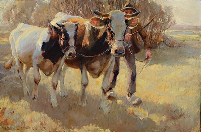 Eugen Osswald, 1879 Stuttgart-1960 München, Studium an der Akademie München bei Heinrich von Zügel, hier: Bauer mit zwei Kühen in Landschaft, ...