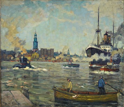 Richard Albitz, 1876 Berlin-1954, Studium an der Akademie Berlin, hier: Hamburger Hafen mit sienem Wahrzeichen dem großen Michel, so rückseitig ...