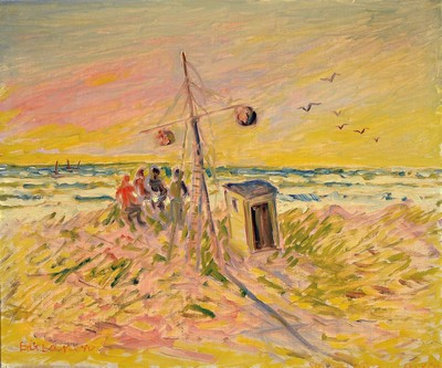 Erik Larsen, geb. 1902 Frederikshaven Dänemark, Mast und Hütte in den Dünen, Öl/Lwd, links unten signiert, ca. 69x82cm, R. ca. 78x90cm
