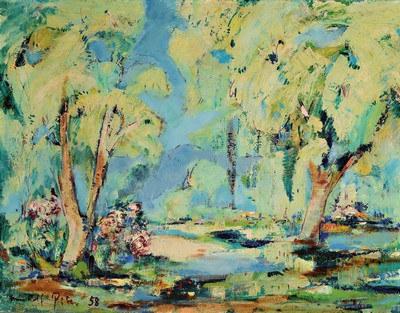 Hans Rolf Peter, 1926-2020 Neustadt an der Weinstr., Landschaft in den Rheinauen, Öl/Hartfaser, links unten sign. und dat. 58, ca. 64x81cm, R. ca. ...