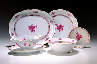 Speiseservice, Herend, für 6 Personen, 2. Hälfte 20. Jh., Apponyi Purpur, 6 Teller, Sauciere, Schale und Schüssel, ovales Tablett, ovale Platte, 6 ...