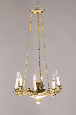 Empireleuchter/Deckenlampe, Ende 19. Jh., Messing/Bronze, z.T. vergoldet, patiniert, sechs Brennstellen, urspr. für Kerzen, später elektrifiziert, ...
