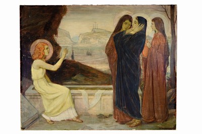 Friedrich Wirnhier, 1868-1952 München, der auferstandene Christus begegnet den drei Frauen, im Hintergrund der Kreuzigungshügel, Öl/Lwd, rechts ...