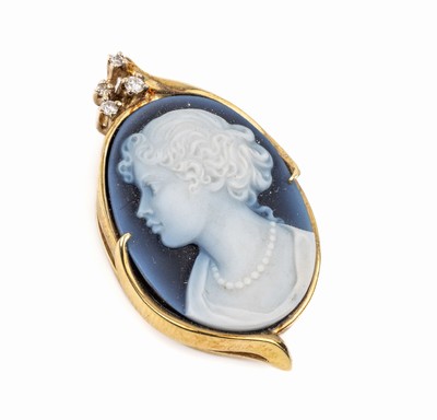 14 kt Gold Anhänger/Brosche mit Lagensteinkamee, GG 585/000, Meistermarke ungedeutet, Lagensteinkamee mit Mädchenportrait, 4 Brillanten zus. ca. ...