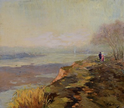 C. Lebourg, frz. Künstler um 1900, spazierendes Paar auf einem Küstenweg, Öl/Lwd, rechts unten signiert, impressionistische Malweise, ca. 48x55cm, ...