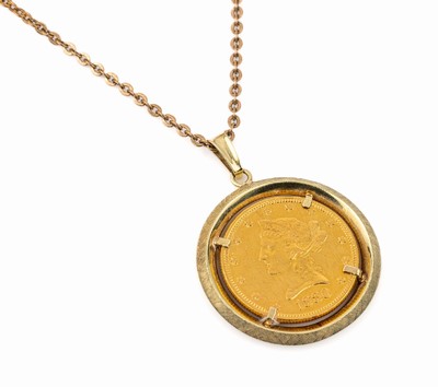 Münzanhänger 10 Gold Dollar USA 1880, Coronet Head, Fassung 14 kt Gold, GG 585/000, an Kette 8 kt Gold, GG 333/000, L ca. 62 cm, total ca. 28.3 g, ...