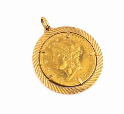 20 Gold Dollar Anhänger Liberty Head, USA 1904, lose gefasst in 18 kt Gold Münzfassung, GG 750/000, gepr., total ca. 40.8 g