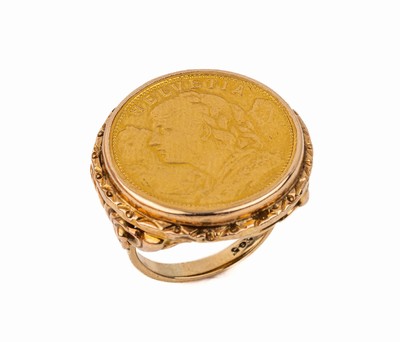 14 kt Gold Münzring, GG 585/000, fest eingearbeitet 20 Schweizer Franken, sogn. Vreneli 1901, ca. 14.0 g, RW 53