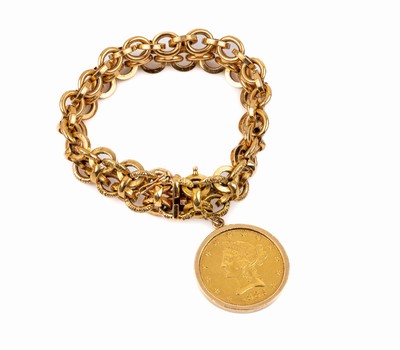 18 kt Gold Armband mit 10 Gold Dollar Anhänger, USA 1882, Armband GG 750/000, gepr., Münzfassung 14 kt Gold, GG 585/000, gepr., total ca. 42.6 g, ...