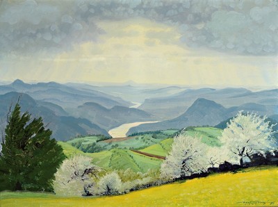 Hanns Herzing, 1890-1971 Dresden, Der Bergfrühling, rückseitig auf altem Etikett so betitelt, Öl/Lwd, rechts unten signiert, ca. 75x100cm, R. ca. ...