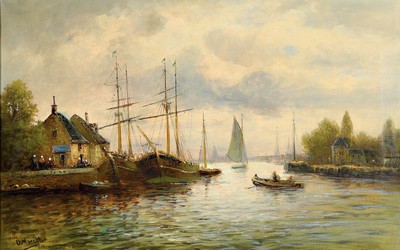 D. Morett, Maler um 1900, Niederländischer Hafen, Öl/Lwd, links unten signiert, ca. 47x74cm, R. ca. 58x85cm
