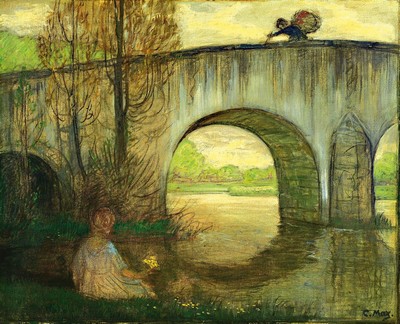 Corneille Max, 1875-1924 München, Stimmungslandschaft des Jugendstils, Blumenmädchen im Schatten einer Bogenbrücke, rechts unten signiert C. Max., ...