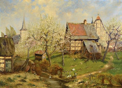 Josef Burger, 1887 München-1968, blühende Bäume vor einem Bauerngehöft, Öl/Lwd, links unten signiert, ca. 75x100cm,
