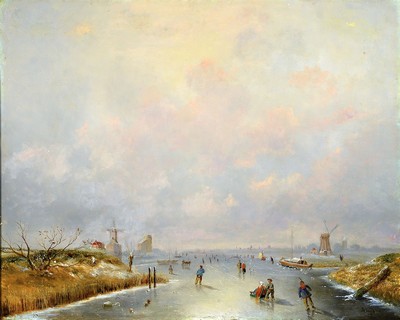Brouwer, niederländischer Maler, um 1900, Eisvergnügen unter weitem Himmel, vielfigurige Szene von Schlittschuhläufern und Schlitten auf ...