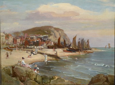 H.Lang, Maler des frühen 20. Jh., buntes Treiben am Strand mit Menschen, badenden Kindern und Booten, im Hintergrund eine kleine Stadt, Öl/Lwd, ...