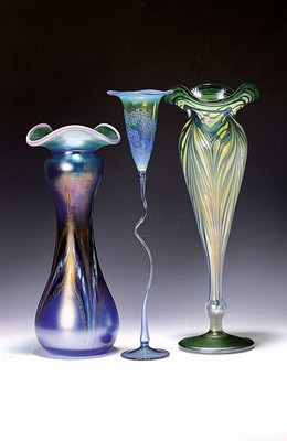 4 Glaszierobjekte, Kunst-Glasbläserei Karl Schmid, Zwiesel/bayr. Wald, 1980/90er-Jahre, farbloses und versch. eingefärbtes Glas, variierend ...