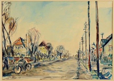 Otto Ditscher, 1903-1987 Neuhofen, Die Speyerer Straße in Limburgerhof, Aquarell über Bleistift auf Papier, 2 mal signiert und dat. 1926, am ...