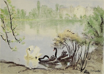 Karl Weisgerber, 1891 Ahrweiler-1968 Düsseldorf, Farbradierung, Schwäne im Hofgarten, um 1930, rechts unten signiert, unter Glas gerahmt, 58x75 cm