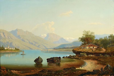Unbekannter Künstler, deutsch, 2. Hälfte 19. Jh., romantische Landschaft an einem See im Vorgebirge mit Bauernhaus und kleiner Stadt am anderen ...
