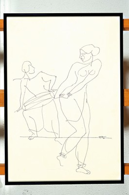 Kattingeri Krishna Hebbar, 1911 - 1996, große Zeichnung, Tänzerin mit Musikant, signiert und dat. 42, Tusche/Papier, Papier mit l. Altersspuren, ...