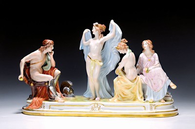 Große Porzellanfigurengruppe, Scheibe-Alsbach, 20. Jh., "Das Urteil des Paris", mit vier vollplastischen Figuren, bunt bemalt, ca. ...