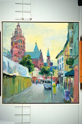 André Krigar, 1952 Berlin, Ansicht von Mainz mit Blick auf den Dom, "Johannisstraße", Öl/Lwd, signiert, 95x90 cm, Rahmen