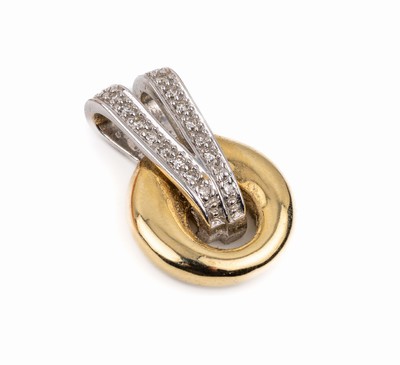 14 kt Gold Diamant-Anhänger, GG/WG 585/000,schlichte Gestaltung, rundes Element aus GG, WG Elemente mit kl. 8/8-Diamanten, ca. 2.2 x 1.5 cm, ca. ...