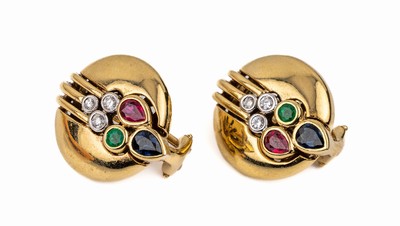 Paar 14 kt Gold Farbstein-Brillant-Ohrstecker, GG 585/000, 2 facett. Rubintropfen zus. ca.0.20 ct, 2 facett. Saphirtropfen zus. ca. 0.30 ct, 2 ...