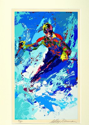 LeRoy Neiman, Serigraphie, Skifahrer, num.213/300, handsigniert, Abb. 50 x 29 cm, unter Glas, Rahmen, ca. 73.5 x 50.5 cm, aufwendige Galerierahmung