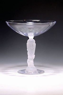 Fußschale, Portieux, Vallerysthal, Art Deco- Stil, 2. Hälfte 20. Jh., farbloses Glas, z.T. Formglas, Fuß mit Fischdekor, H. ca. 27 cm