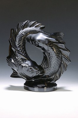 Große Glasskulptur, Lalique Paris, deux Poissons, schwarzes Formglas, signiert, mit Etikett, H. ca. 29.5 cm