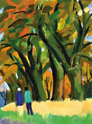 Heinz Friedrich, 1924-2018 Schwetzingen, Der Spaziergang, Öl/Malkarton, rechts unten signiert und dat. 01, ca. 42x32cm, R. ca. 64x54cm, ehem. ...