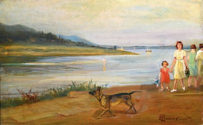 Emil Christian Rosenstand, 1859 Ansumgaard- 1932 Dresden, Spaziergänger mit Hund am Ufer, Öl/Lwd, rechts unten sign., ca. 34x53cm, Rahmen mit ...