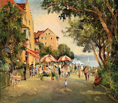 Unbekannter Künstler des 20. Jh., vielfigurige Szene eines Straßencafés am Bodensee, Öl/LWd, rechts unten unleserlich signiert, ca. 60x70cm, R. ...