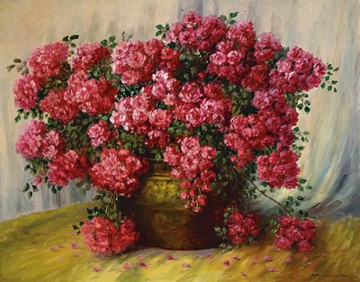 Sophia Becker-Leber, 1869-1952, Stillleben mit Buschrosen in Messinggefäß, Öl/Lwd, rechts unten signiert und dat. 1943, ca. 80x100cm, R. ca. ...