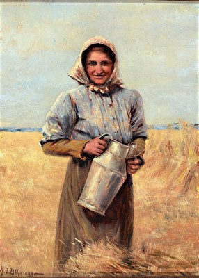 Konrad Immanuel Böhringer, 1863 Grimma - 1940 Dresden, Bäuerin mit Milchkanne im Weizenfeld, gekonnte Charakterisierung des bäuerlichen ...