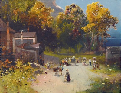 Robert Alott, 1850 Graz-1910 Wien, ländliche Straßenszene nördlich der Alpen, rechts unten signiert, unleserlich datiert "190...", ...