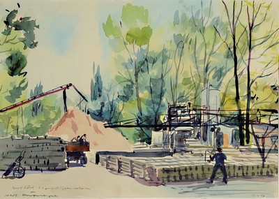 Karl Hufnagel, 1906 Harthausen-1995 Speyer, 2 Aquarelle, "Werk Lösel - Lingenfeld/Germersheim", signiert und datiert 1957, Aquarell zum ...