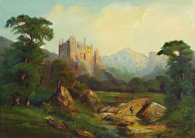 Unbekannter, wohl englischer Maler, um 1860/ 70, romantische Landschaft mit Burg und Figuren, Öl/Lwd, 46 x 85 cm, rest., 60 x 80 cm