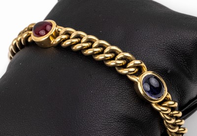 14 kt Gold Farbstein-Armband, GG 585/000, 3ovale Turmalin-Cabochons in grün, blau und pink, ca. 49 g, L. ca. 21.5 cm, Karabinerschließe