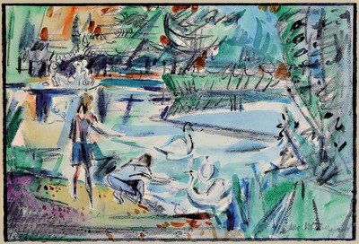 Otto Ditscher, 1903-1987 Neuhofen, Aquarell und Kreide auf Papier, Parklandschaft mit markantem Brunnen, vorne zwei Personen beim Füttern von ...