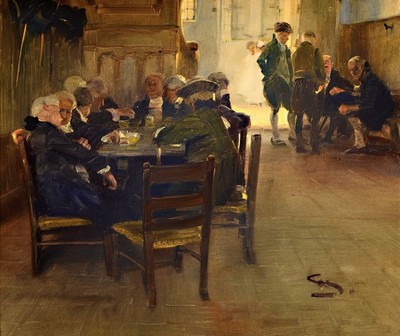 Wilhelm Schreuer, 1866 Wesel-1933 Düsseldorf, Stammtisch Interieur mit zwei Herrengruppen, dunkler vertäfelter Raum mit Blick in die hell ...