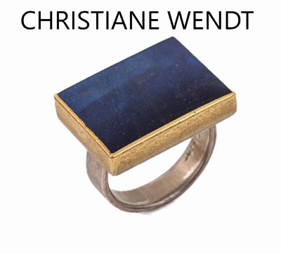 Silber Designer-Ring mit Bergkristall, 925er Silber und GG, Meistermarke CHRISTIANE WENDT, Bergkristall Carree blau foliert, verbödet, ...