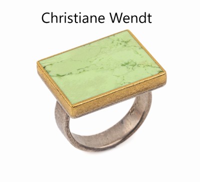 Silber und GG Designer-Ring mit Zitronenchrysopras, 925er Silber und GG, Meistermarke CHRISTIANE WENDT, Zitronenchrysoprasscheibe, verbödet, ...