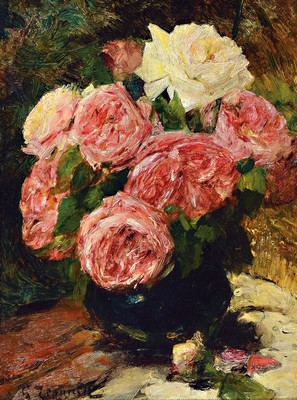 Georges Jeannin, 1841-1925 Paris, Stillleben mit Pfingstrosen und Rosen, links unten signiert, Öl/Holz, 33x24 cm, Rahmen 42x33 cm; Stilllebenmaler, ...