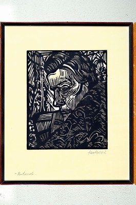 Erich Heckel, 1883-1970, Holzschnitt, "Ruhende" so bez., handsigniert und datiert 1962, unter Glas, schmaler Rahmen 49x40 cm
