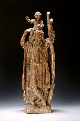 Heiligenfigur, Christopherus, 19.Jh., Holz geschnitzt, Fassung entfernt, holzsichtig, Alterssp., H. 62 cm